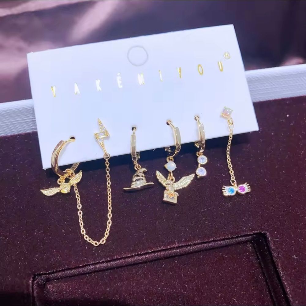 14K Gold Plated Harry Potter Mismatched Set Hoop Dangle Earrings - Picture 4 of 5